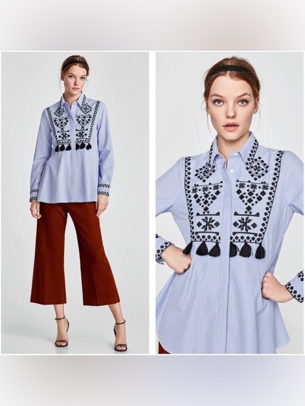 Zara Woman Blue White Striped Embroidered Tassel Boho Button Down Shirt Medium